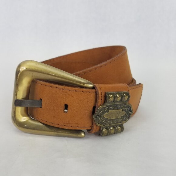 Leather Belt Women M Brown Top Grain Western Brass Buckle Medallion 29"-32" VTG - Picture 5 of 12